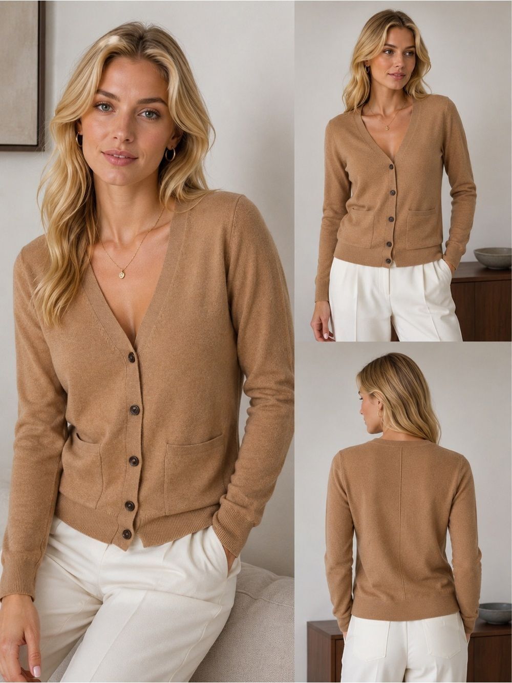 NAADAM Camel V-Neck Button Cardigan